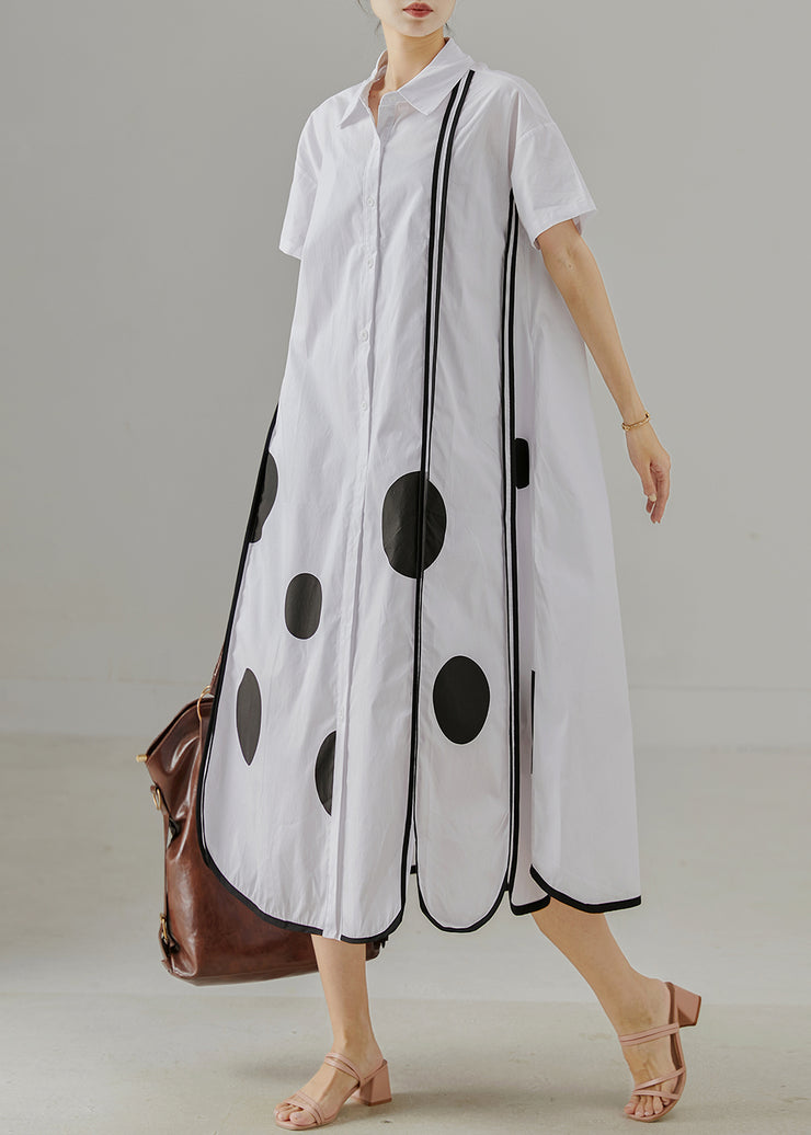 White Print Cotton Shirt Dress Oversized Side Open Summer