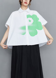 White Print Cotton Shirt Oversized Turn-down Collar Summer