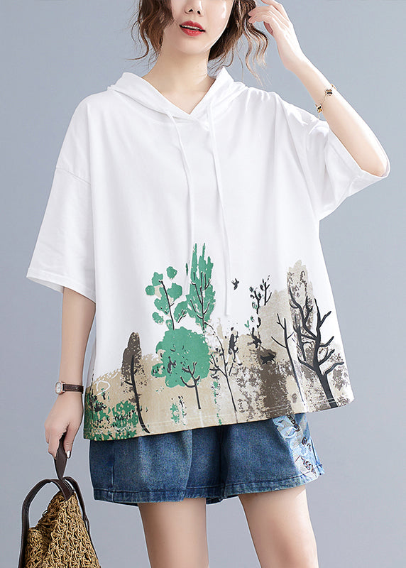 White Print Cotton Sweatshirts Top Hooded Oversized Summer