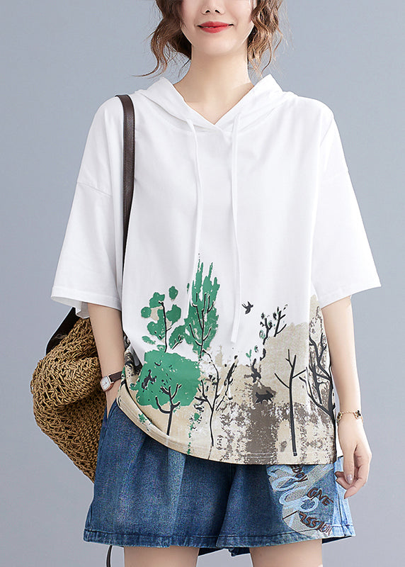 White Print Cotton Sweatshirts Top Hooded Oversized Summer