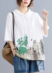 White Print Cotton Sweatshirts Top Hooded Oversized Summer