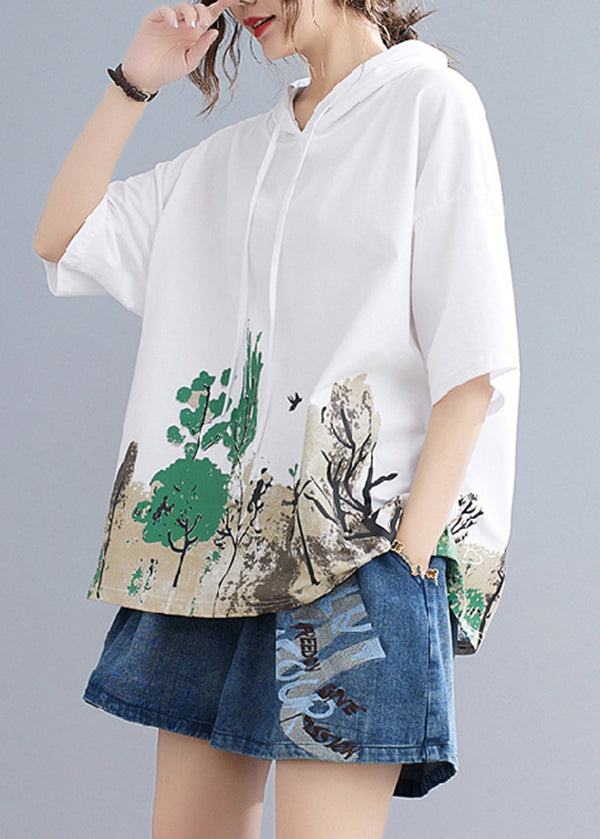 White Print Cotton Sweatshirts Top Hooded Oversized Summer