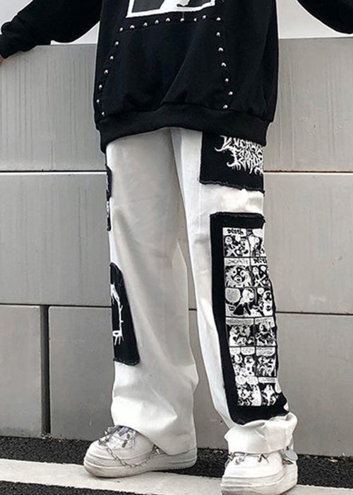 White Print Patchwork Cotton Mens Pants Elastic Waist