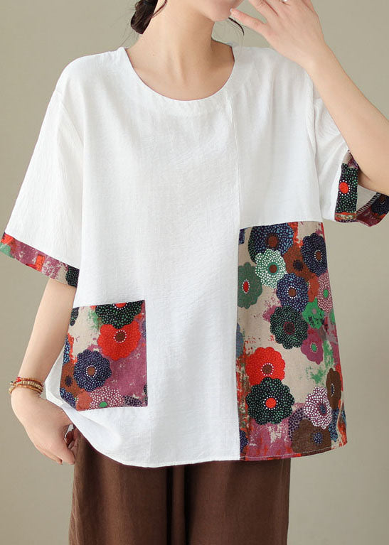 White Print Patchwork Cotton T Shirt Top O Neck Short Sleeve