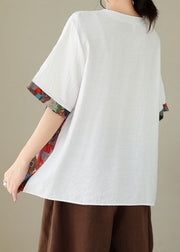 White Print Patchwork Cotton T Shirt Top O Neck Short Sleeve