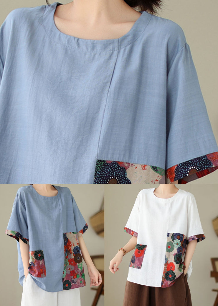 White Print Patchwork Cotton T Shirt Top O Neck Short Sleeve