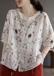 White Print Patchwork Linen Blouse Top Ruffled Half Sleeve