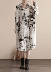 White Print Patchwork Linen Shirts Dress Peter Pan Collar Spring