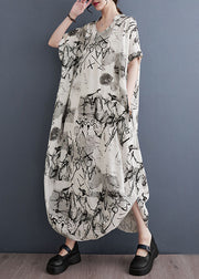 White Print Patchwork Long Cotton Dress V Neck Short Sleeve