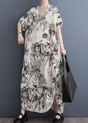 White Print Patchwork Long Cotton Dress V Neck Short Sleeve