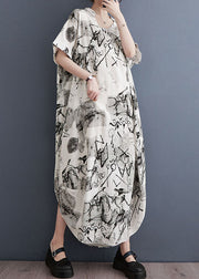 White Print Patchwork Long Cotton Dress V Neck Short Sleeve