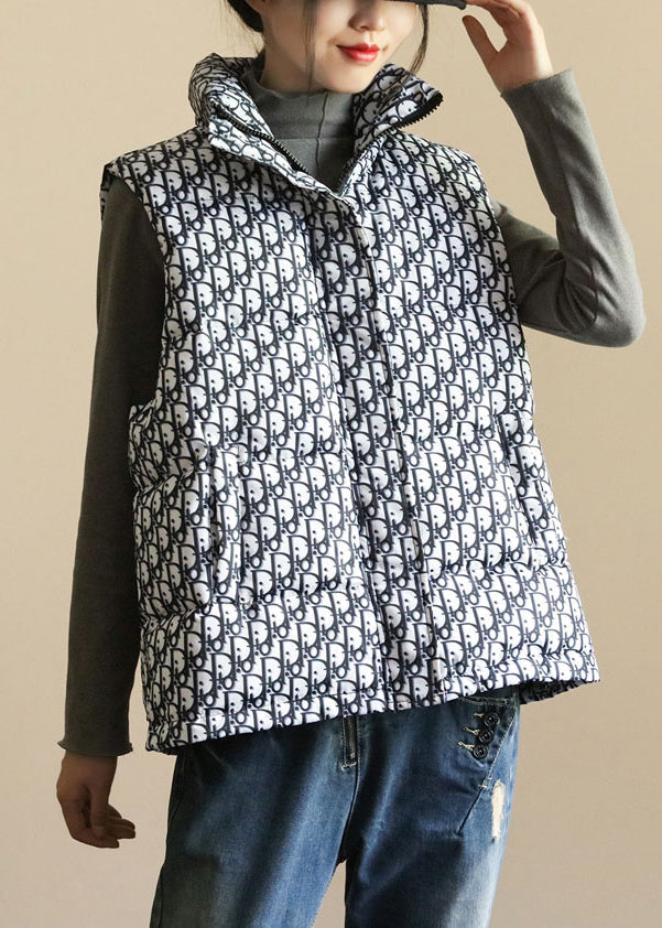 White Print Pockets Patchwork Duck Down Waistcoat Zip Up Winter