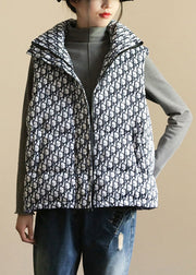 White Print Pockets Patchwork Duck Down Waistcoat Zip Up Winter