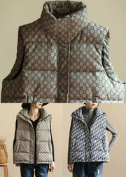 White Print Pockets Patchwork Duck Down Waistcoat Zip Up Winter