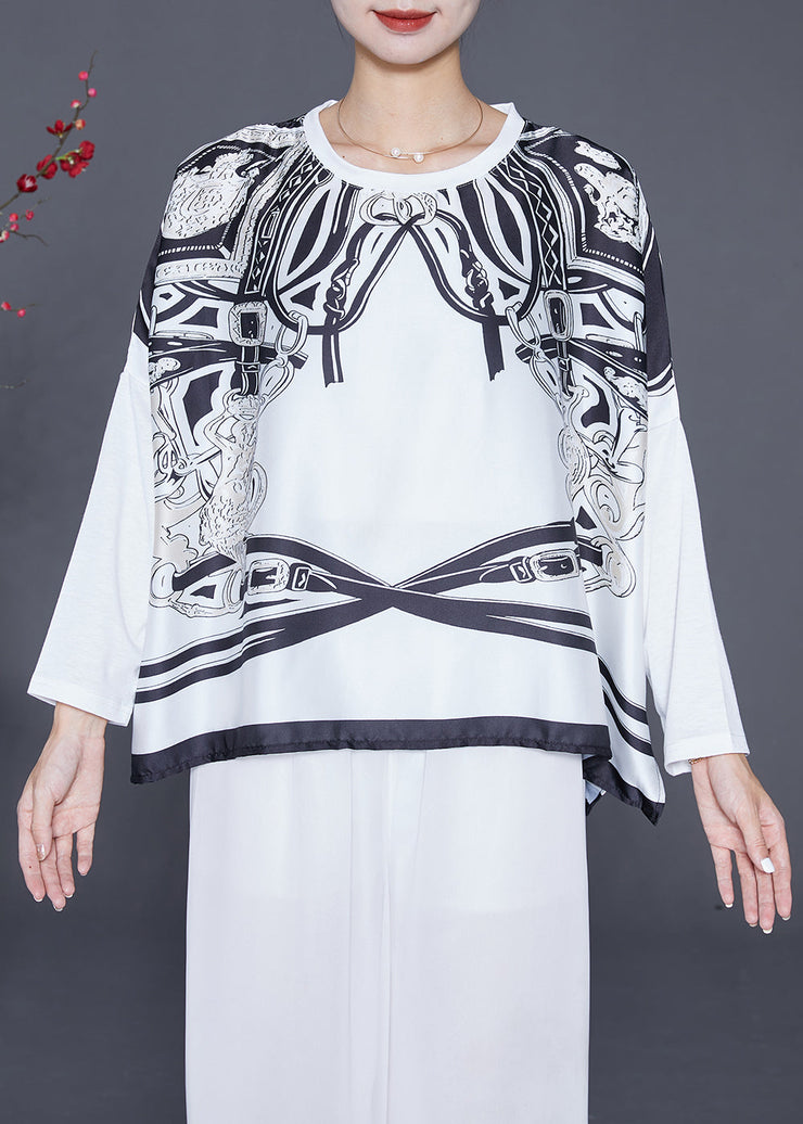 White Print Satin Tops Oversized Side Open Batwing Sleeve