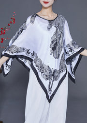 White Print Silk Scarf O-Neck Draping