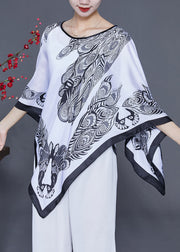 White Print Silk Scarf O-Neck Draping