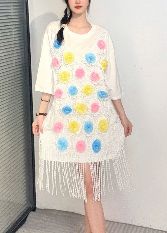 White Print Tassel Mid Dresses Short Sleeve