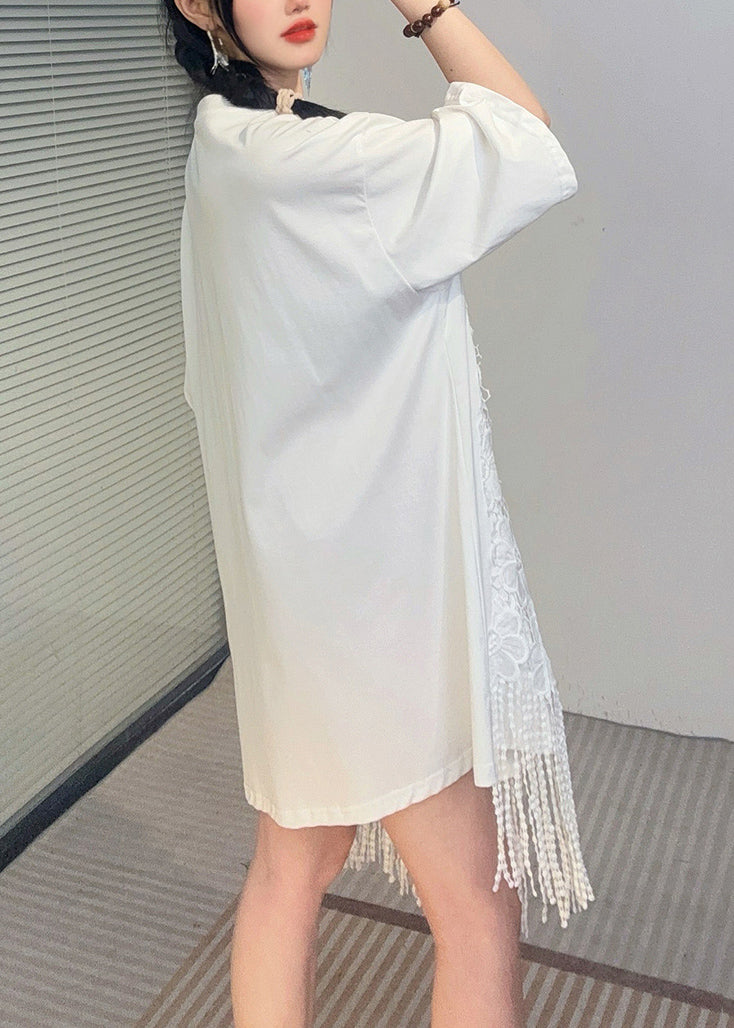 White Print Tassel Mid Dresses Short Sleeve