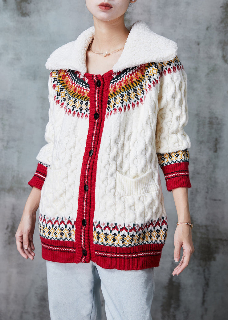 White Print Thick Knit Cardigan Peter Pan Collar Spring