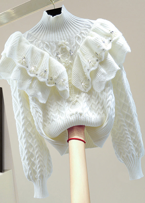 White Ruffled Patchwork Cotton Knit Sweater Lantern Sleeve