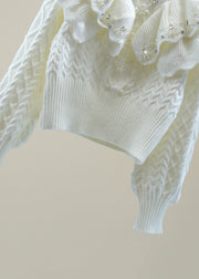 White Ruffled Patchwork Cotton Knit Sweater Lantern Sleeve