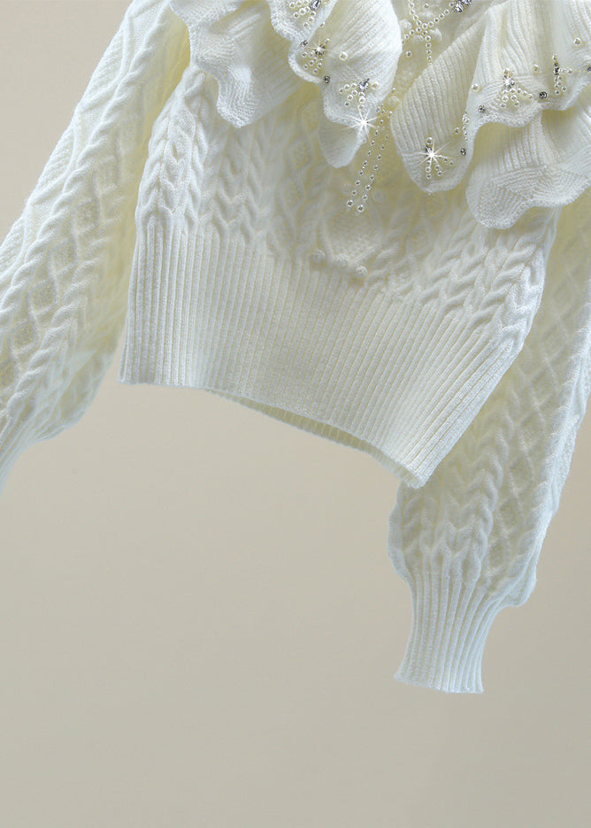 White Ruffled Patchwork Cotton Knit Sweater Lantern Sleeve