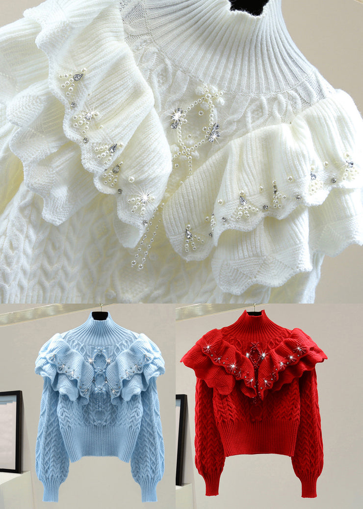 White Ruffled Patchwork Cotton Knit Sweater Lantern Sleeve