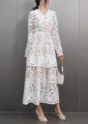 White Sashes Lace Hollow Out Maxi Dresses Spring