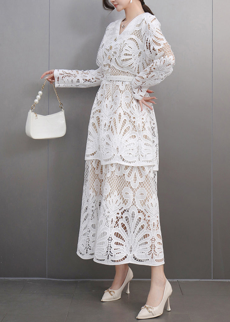 White Sashes Lace Hollow Out Maxi Dresses Spring