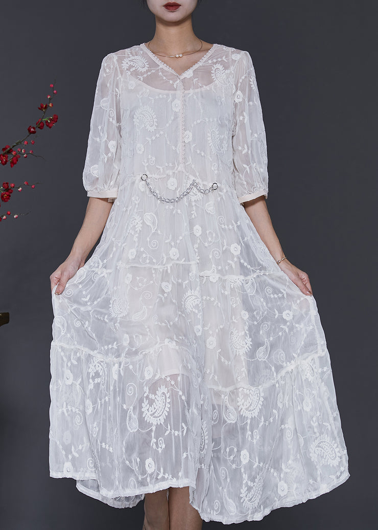 White Silk Maxi Dress V Neck Embroidered Half Sleeve