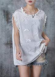 White Silk Tanks Ruffled Bow Sleeveless