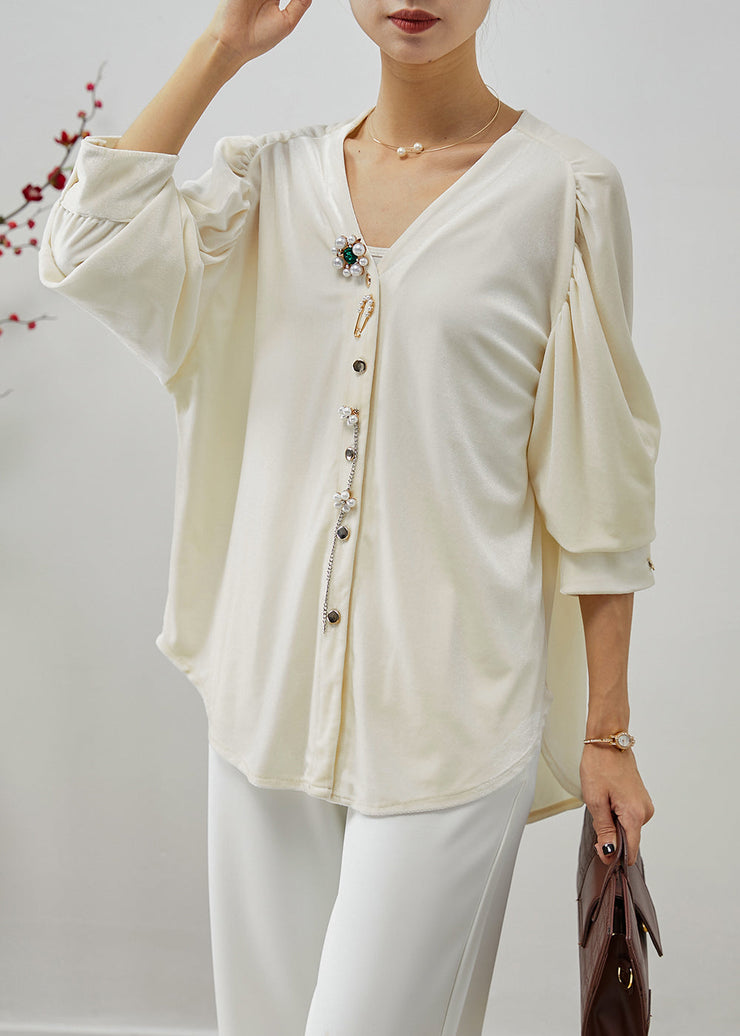 White Silk Velour Top Oversized Wrinkled Half Sleeve