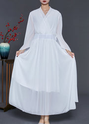 White Silm Fit Chiffon Dance Dress Flare Sleeve