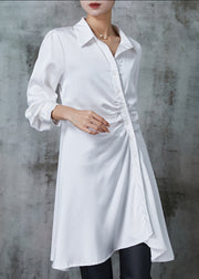 White Silm Fit Chiffon Dress Asymmetrical Wrinkled Spring