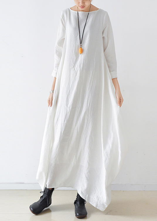 White Slash Neck Pockets Linen Dress Long Sleeve