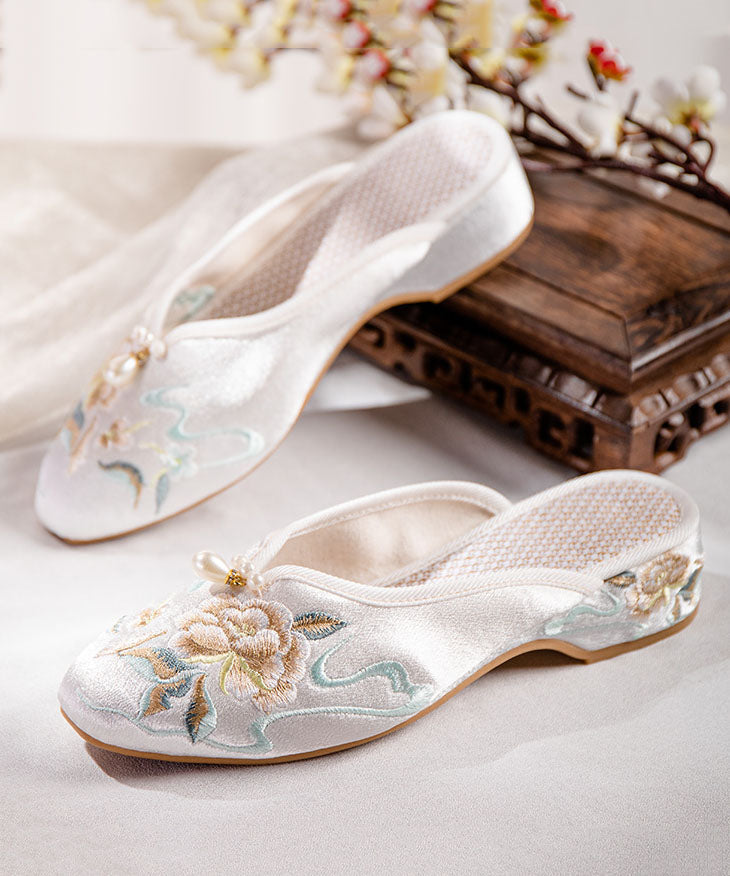 White Slide Sandals Chunky Cotton Fabric Comfortable Embroideried Splicing