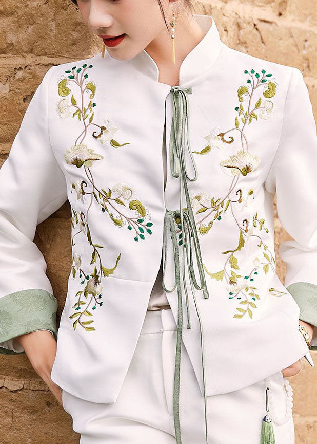 White Slim Fit Silk Jacket Embroideried Mandarin Collar Spring