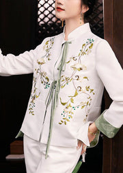 White Slim Fit Silk Jacket Embroideried Mandarin Collar Spring