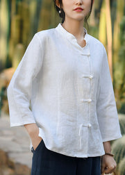 White Solid Button Linen Coats Stand Collar Spring