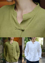 White Solid Button Linen Coats Stand Collar Spring
