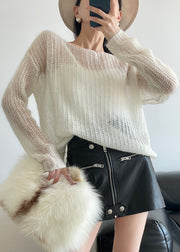 White Solid Cozy Knit Sweater Hollow Out Winter