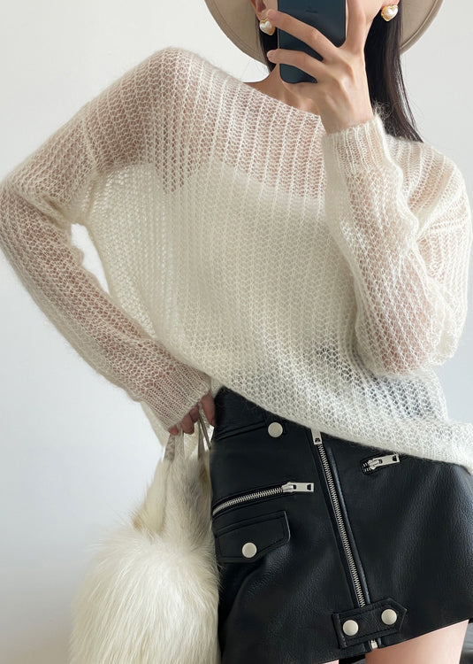 White Solid Cozy Knit Sweater Hollow Out Winter