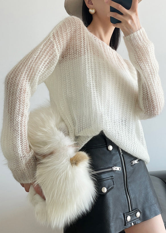 White Solid Cozy Knit Sweater Hollow Out Winter