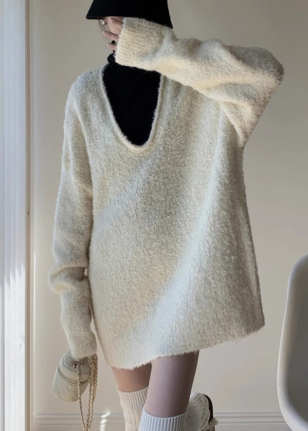 White Solid Cozy Knit Spring Two Pieces Set V Neck