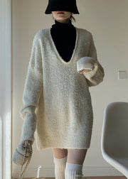 White Solid Cozy Knit Winter Two Pieces Set V Neck