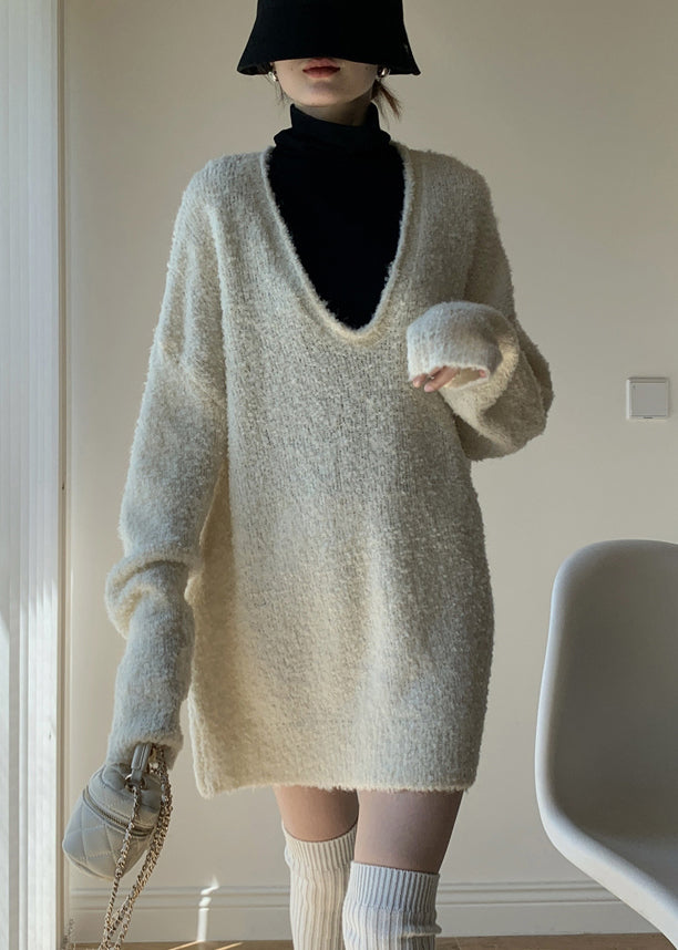 White Solid Cozy Knit Spring Two Pieces Set V Neck