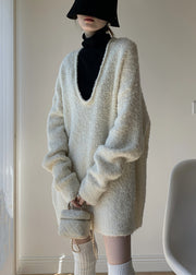 White Solid Cozy Knit Spring Two Pieces Set V Neck