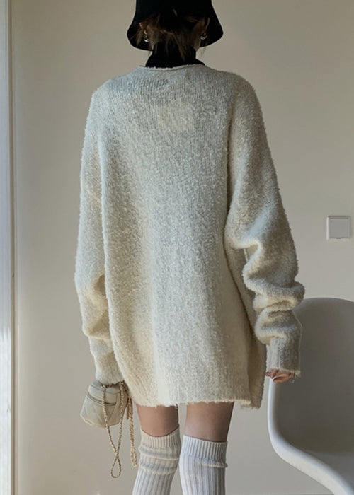 White Solid Cozy Knit Spring Two Pieces Set V Neck