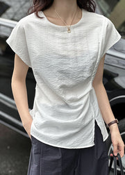 White Solid Front Open Cotton Top O Neck Summer